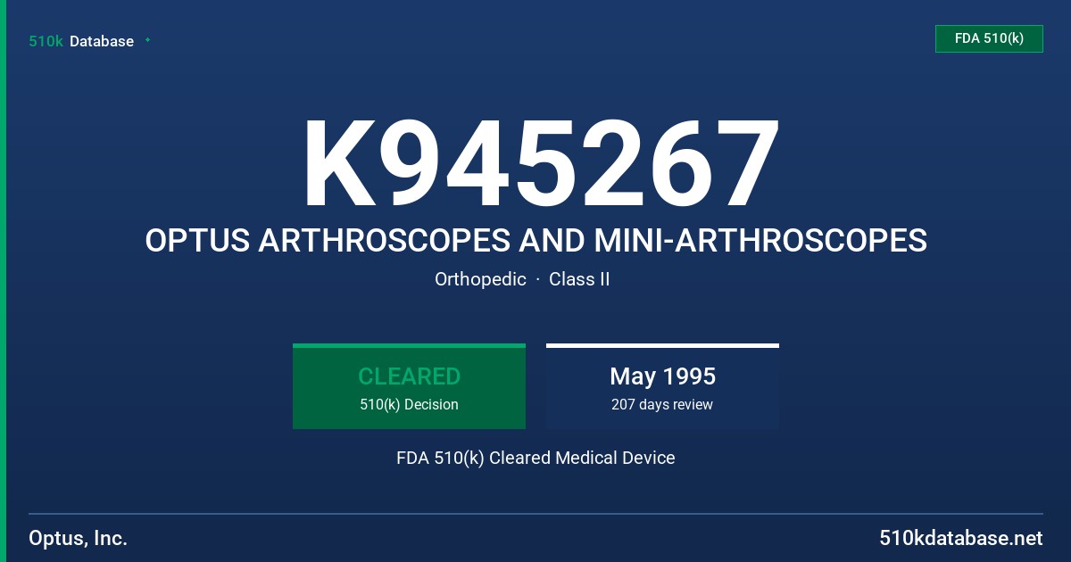 K945267 OPTUS ARTHROSCOPES AND MINI-ARTHROSCOPES FDA 510(k) Cleared Medical Device