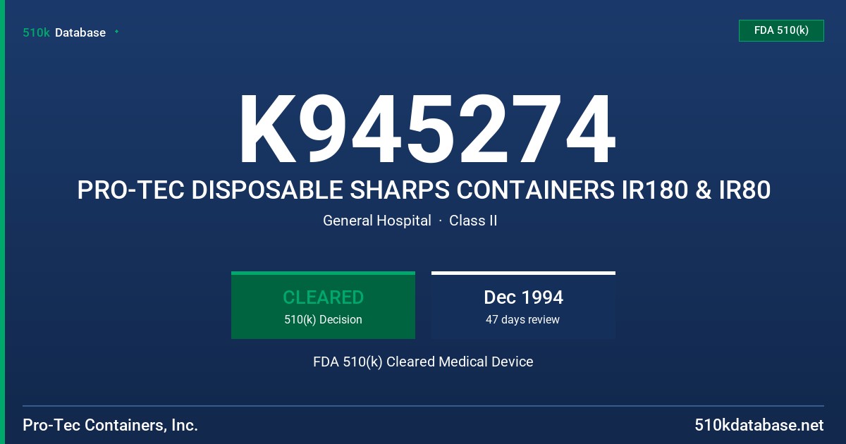 K945274 PRO-TEC DISPOSABLE SHARPS CONTAINERS IR180 & IR80 FDA 510(k) Cleared Medical Device
