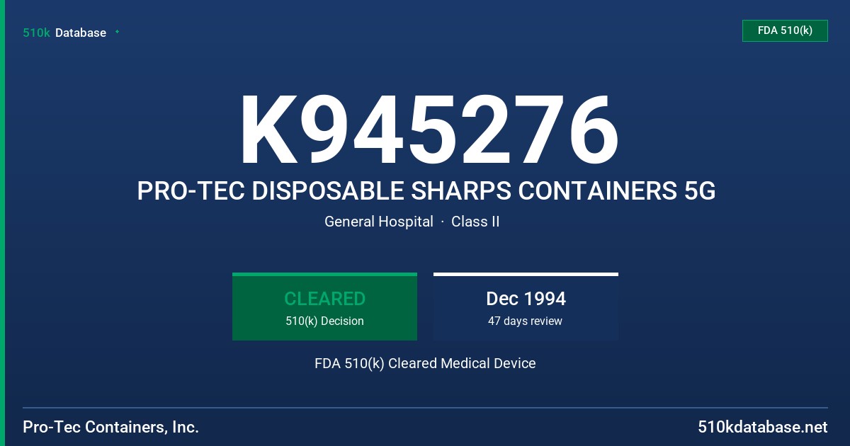 K945276 PRO-TEC DISPOSABLE SHARPS CONTAINERS 5G FDA 510(k) Cleared Medical Device