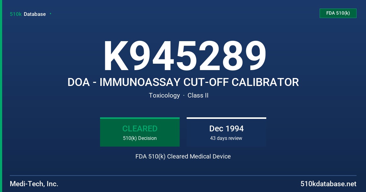 K945289 DOA - IMMUNOASSAY CUT-OFF CALIBRATOR FDA 510(k) Cleared Medical Device