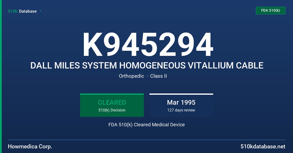 K945294 DALL MILES SYSTEM HOMOGENEOUS VITALLIUM CABLE FDA 510(k) Cleared Medical Device