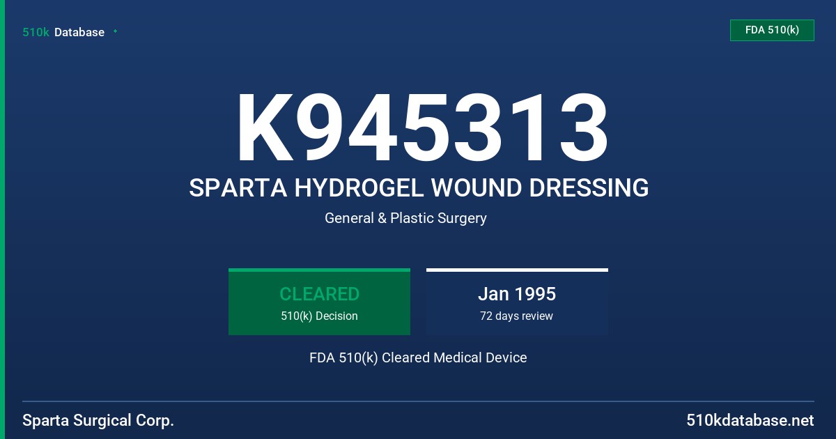 K945313 SPARTA HYDROGEL WOUND DRESSING FDA 510(k) Cleared Medical Device