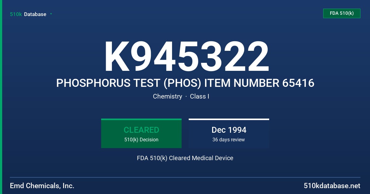 K945322 PHOSPHORUS TEST (PHOS) ITEM NUMBER 65416 FDA 510(k) Cleared Medical Device