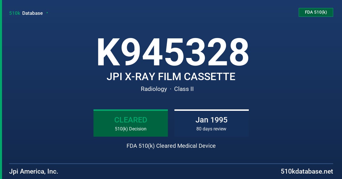 K945328 JPI X-RAY FILM CASSETTE FDA 510(k) Cleared Medical Device