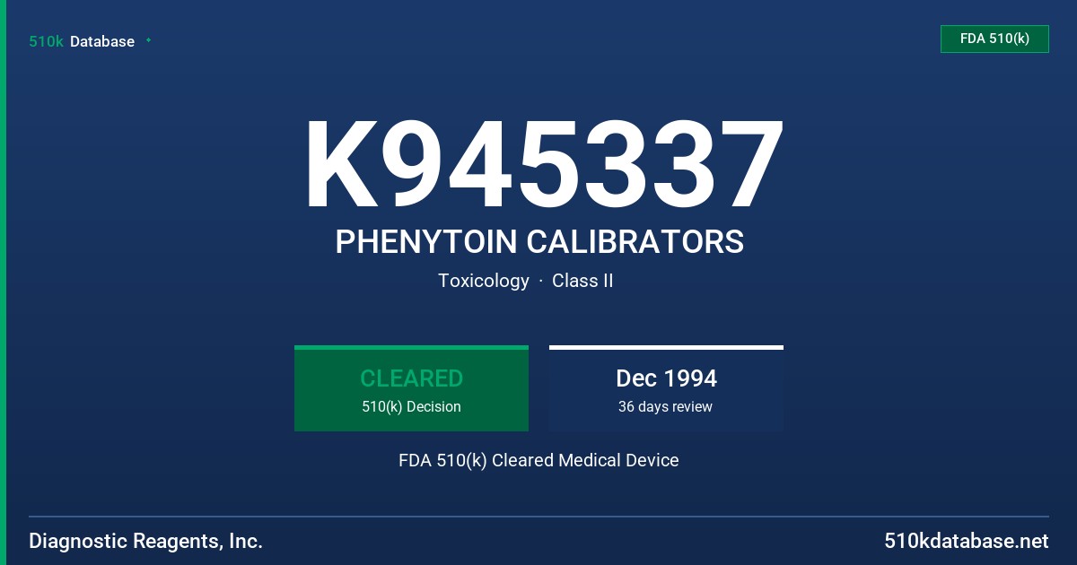 K945337 PHENYTOIN CALIBRATORS FDA 510(k) Cleared Medical Device