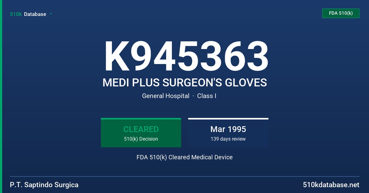 K945363 MEDI PLUS SURGEON'S GLOVES FDA 510(k) Cleared Medical Device