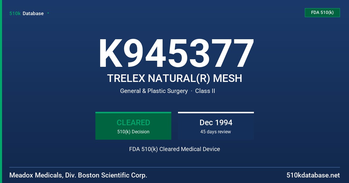 K945377 TRELEX NATURAL(R) MESH FDA 510(k) Cleared Medical Device