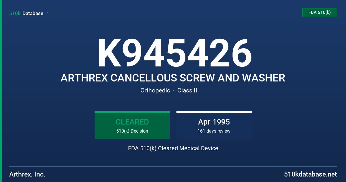 K945426 ARTHREX CANCELLOUS SCREW AND WASHER FDA 510(k) Cleared Medical Device
