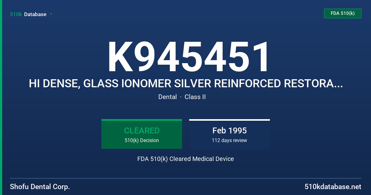 K945451 HI DENSE, GLASS IONOMER SILVER REINFORCED RESTORATIVE FDA 510(k) Cleared Medical Device