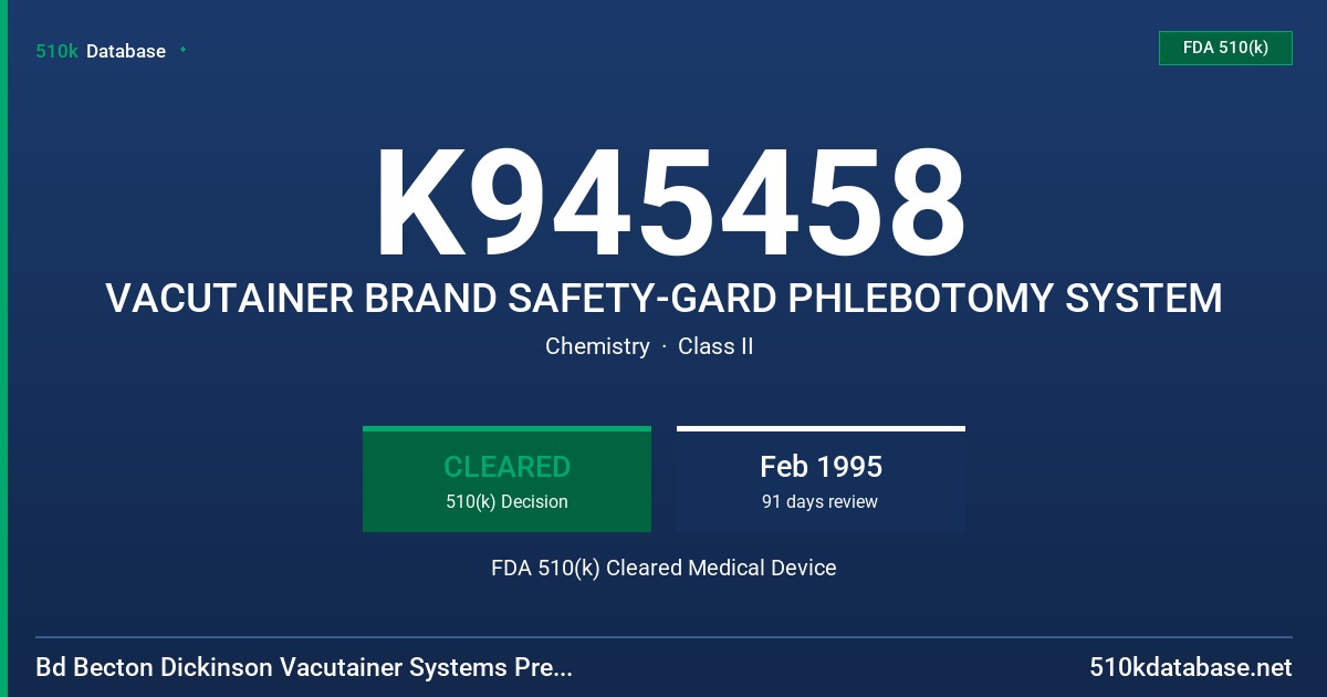 K945458 VACUTAINER BRAND SAFETY-GARD PHLEBOTOMY SYSTEM FDA 510(k) Cleared Medical Device