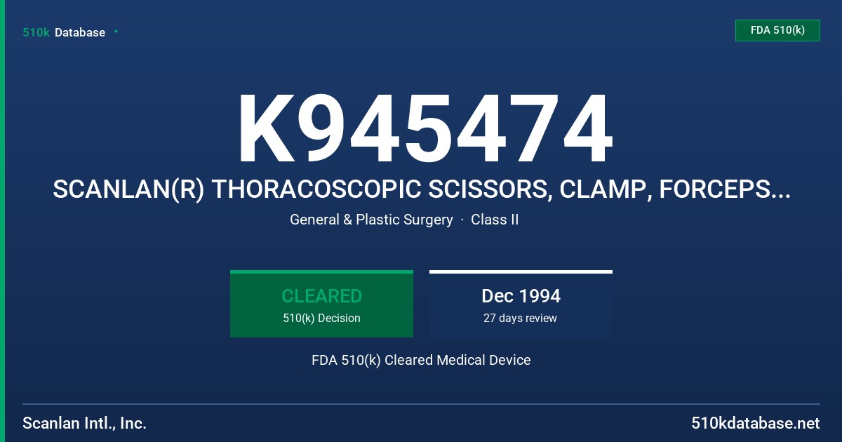 K945474 SCANLAN(R) THORACOSCOPIC SCISSORS, CLAMP, FORCEPS, NEEDLE HOLDER FDA 510(k) Cleared Medical Device
