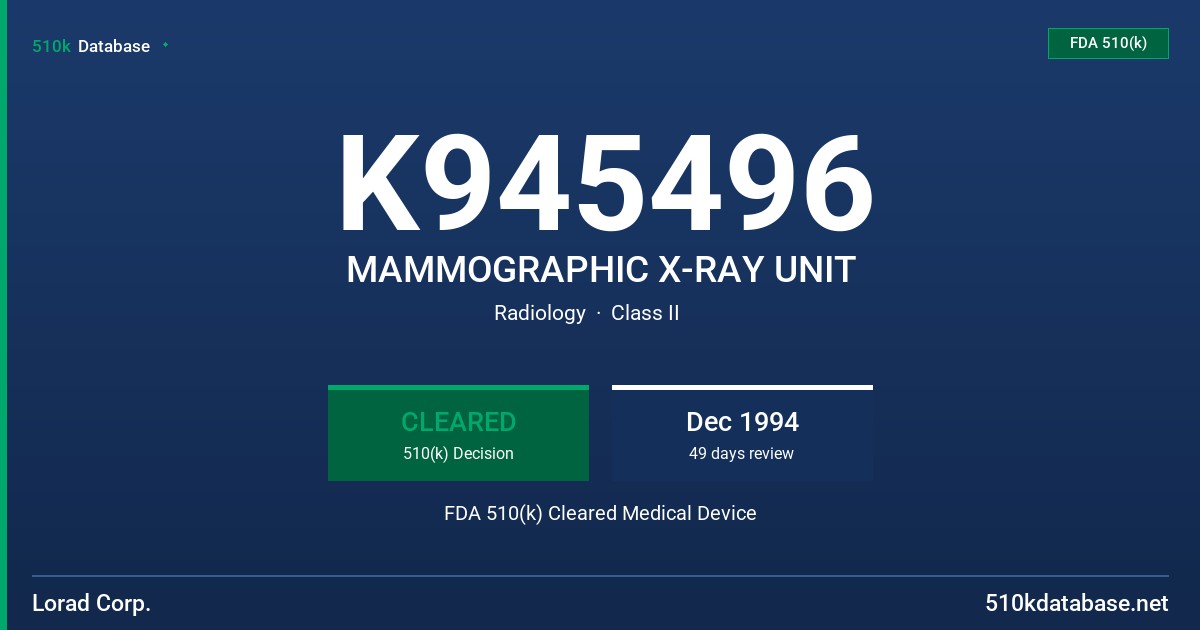 K945496 MAMMOGRAPHIC X-RAY UNIT FDA 510(k) Cleared Medical Device