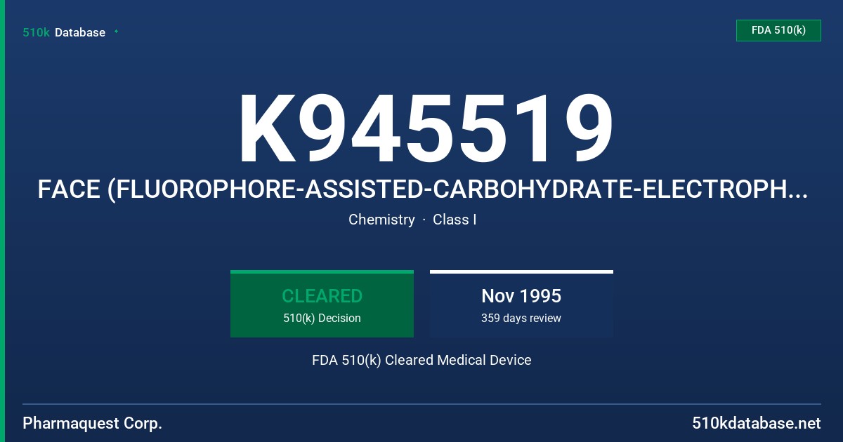 K945519 FACE (FLUOROPHORE-ASSISTED-CARBOHYDRATE-ELECTROPHORESIS) URINARY CARBOHYDRATE ANALYSIS SYSTEM FDA 510(k) Cleared Medical Device