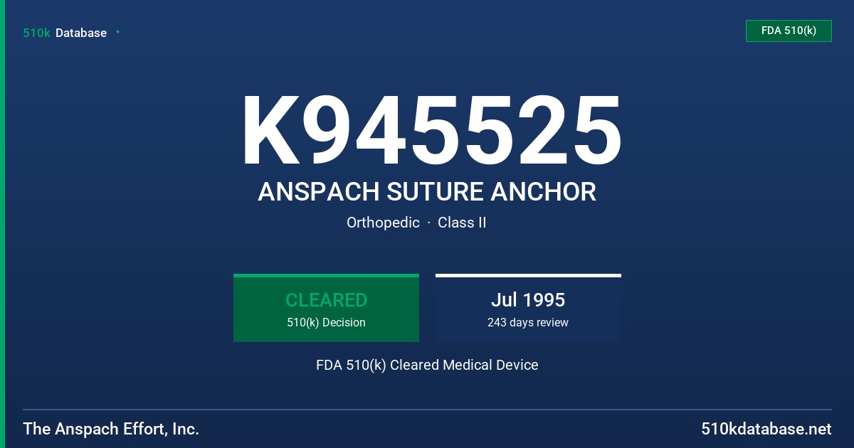K945525 ANSPACH SUTURE ANCHOR FDA 510(k) Cleared Medical Device