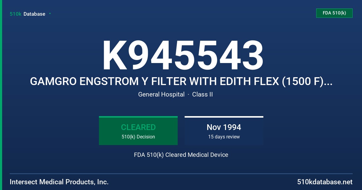 K945543 GAMGRO ENGSTROM Y FILTER WITH EDITH FLEX (1500 F), EDIT 500, 1000, 2600 AND Y FILTER PACKAGED ALONE FDA 510(k) Cleared Medical Device
