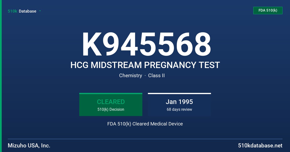 K945568 HCG MIDSTREAM PREGNANCY TEST FDA 510(k) Cleared Medical Device