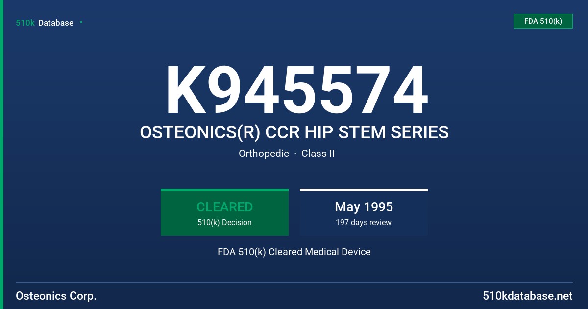 K945574 OSTEONICS(R) CCR HIP STEM SERIES FDA 510(k) Cleared Medical Device