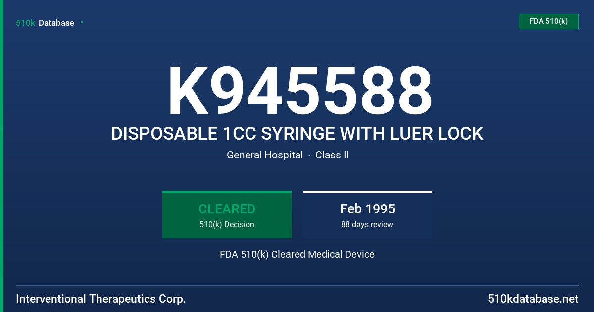 K945588 DISPOSABLE 1CC SYRINGE WITH LUER LOCK FDA 510(k) Cleared Medical Device