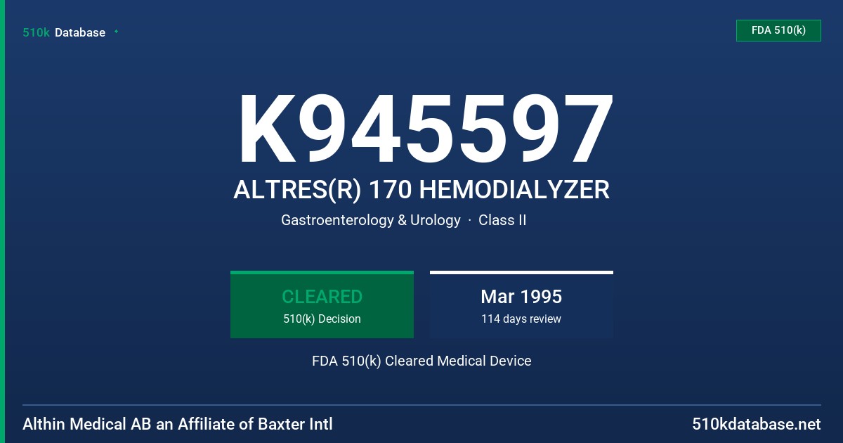 K945597 ALTRES(R) 170 HEMODIALYZER FDA 510(k) Cleared Medical Device