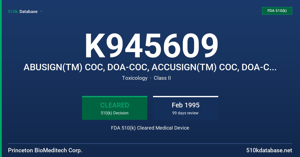 K945609 ABUSIGN(TM) COC, DOA-COC, ACCUSIGN(TM) COC, DOA-COC, DIOSIGN(TM) COC, DOA-COC FDA 510(k) Cleared Medical Device