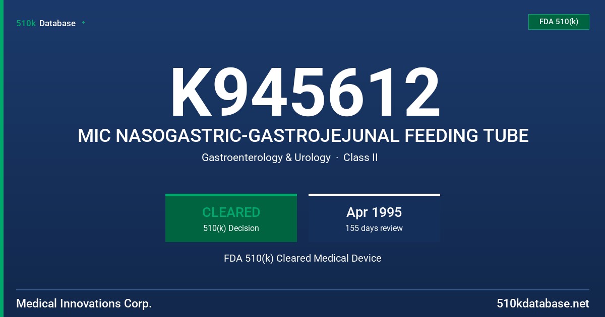 K945612 MIC NASOGASTRIC-GASTROJEJUNAL FEEDING TUBE FDA 510(k) Cleared Medical Device