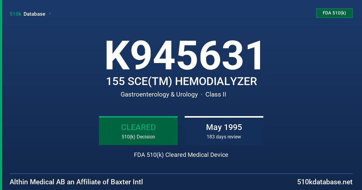 K945631 155 SCE(TM) HEMODIALYZER FDA 510(k) Cleared Medical Device