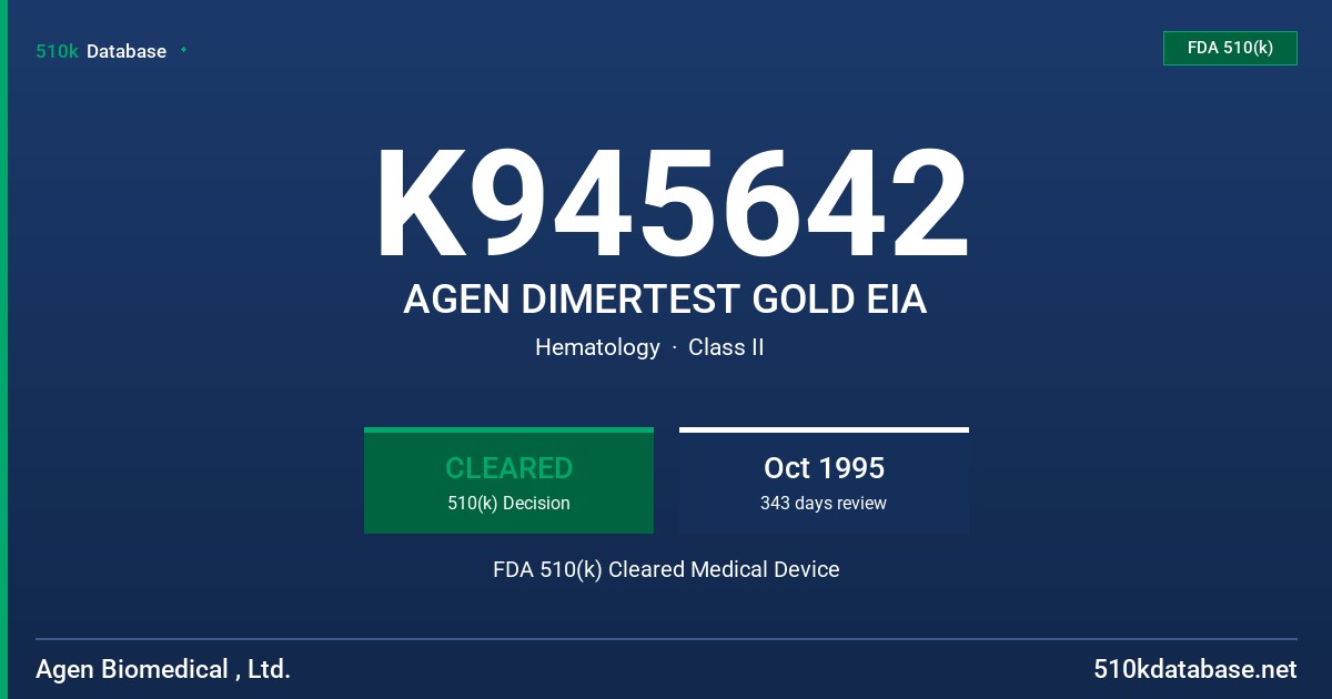 K945642 AGEN DIMERTEST GOLD EIA FDA 510(k) Cleared Medical Device