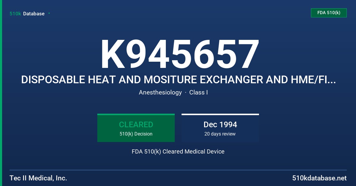K945657 DISPOSABLE HEAT AND MOSITURE EXCHANGER AND HME/FILTER FDA 510(k) Cleared Medical Device