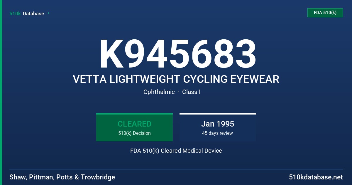K945683 VETTA LIGHTWEIGHT CYCLING EYEWEAR FDA 510(k) Cleared Medical Device