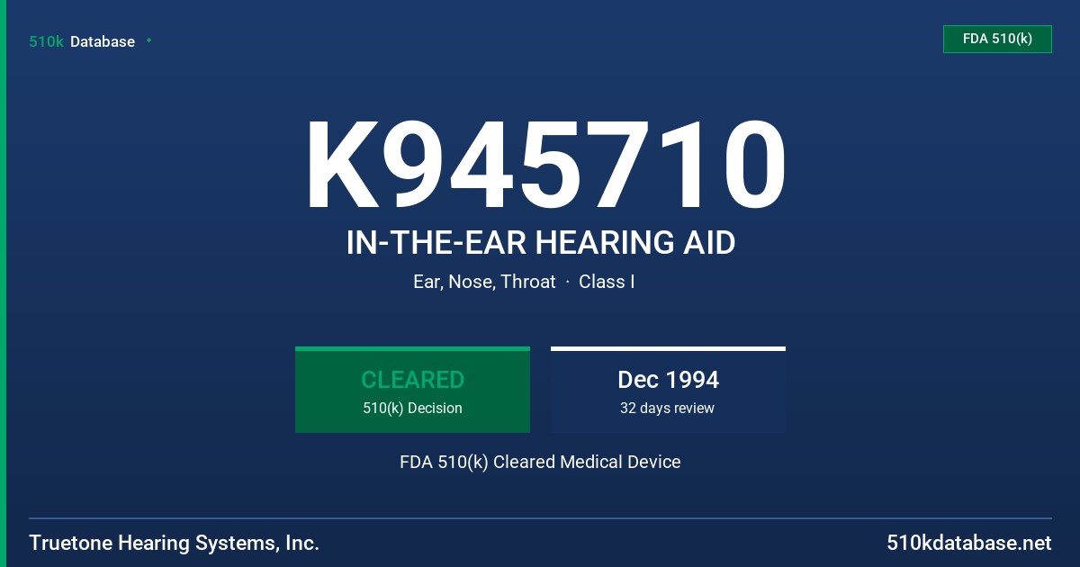 K945710 IN-THE-EAR HEARING AID FDA 510(k) Cleared Medical Device