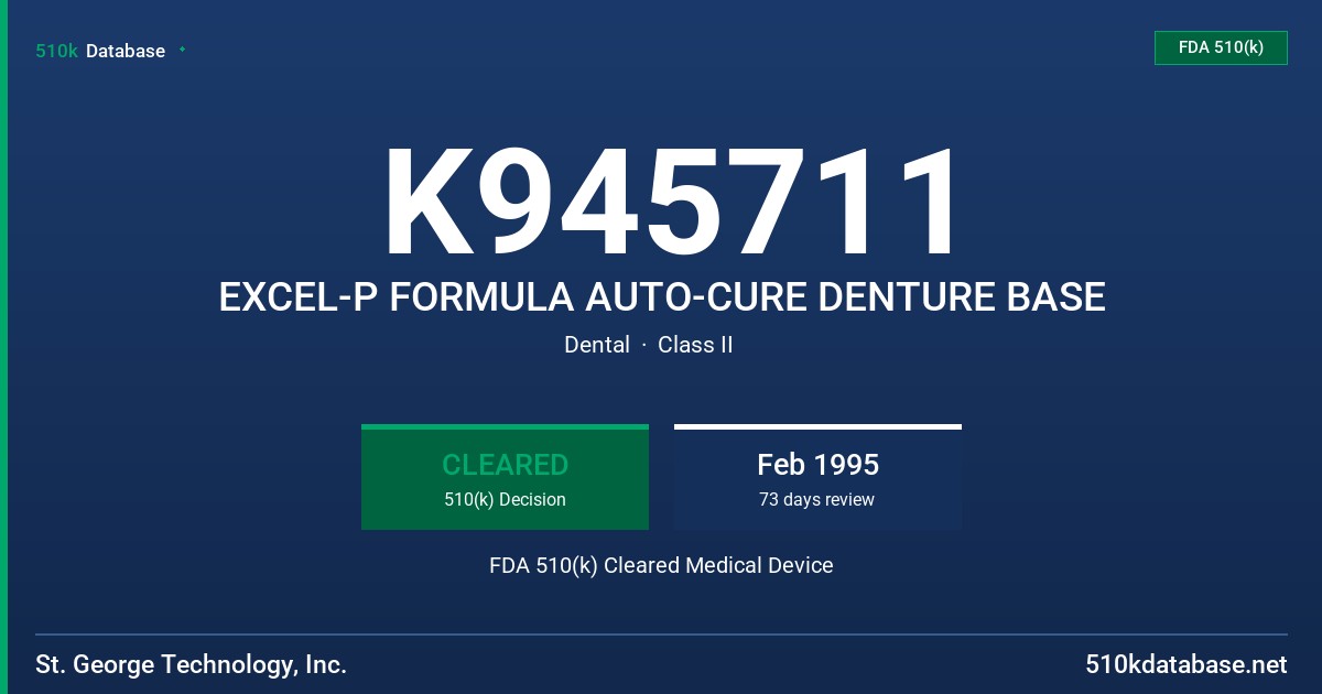 K945711 EXCEL-P FORMULA AUTO-CURE DENTURE BASE FDA 510(k) Cleared Medical Device