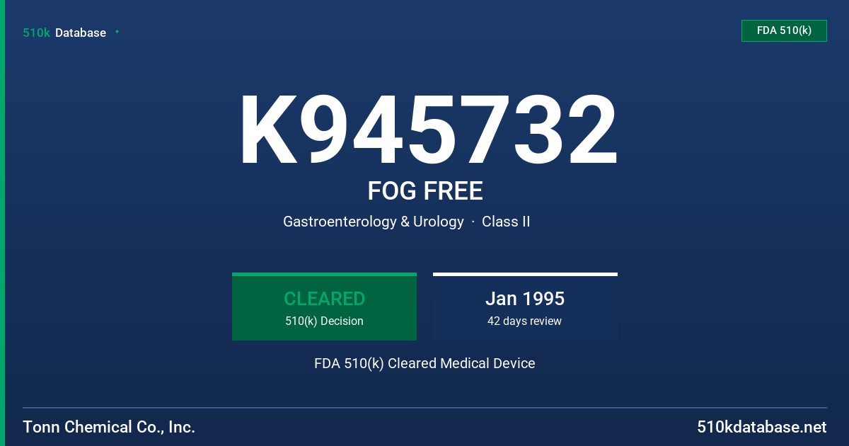 K945732 FOG FREE FDA 510(k) Cleared Medical Device