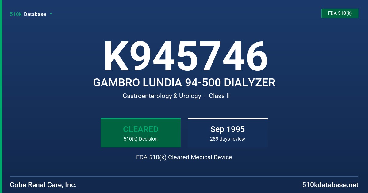 K945746 GAMBRO LUNDIA 94-500 DIALYZER FDA 510(k) Cleared Medical Device