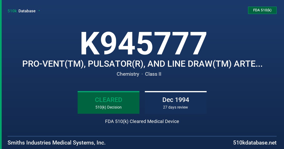 K945777 PRO-VENT(TM), PULSATOR(R), AND LINE DRAW(TM) ARTERIAL BLOOD SAMPLING SYRINGES FDA 510(k) Cleared Medical Device