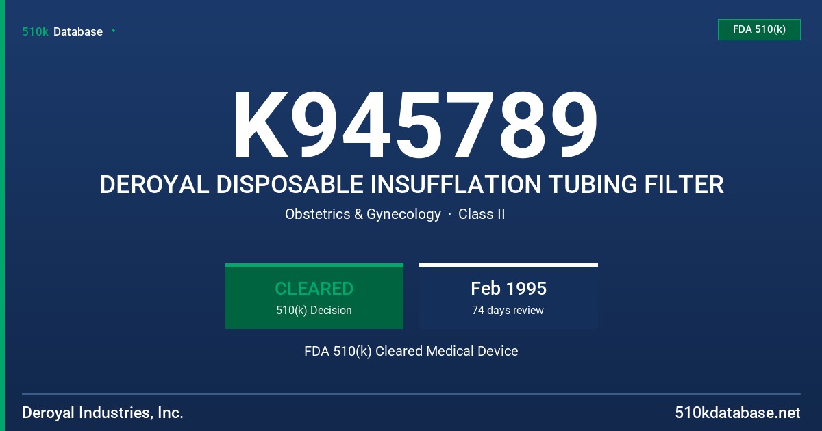 K945789 DEROYAL DISPOSABLE INSUFFLATION TUBING FILTER FDA 510(k) Cleared Medical Device