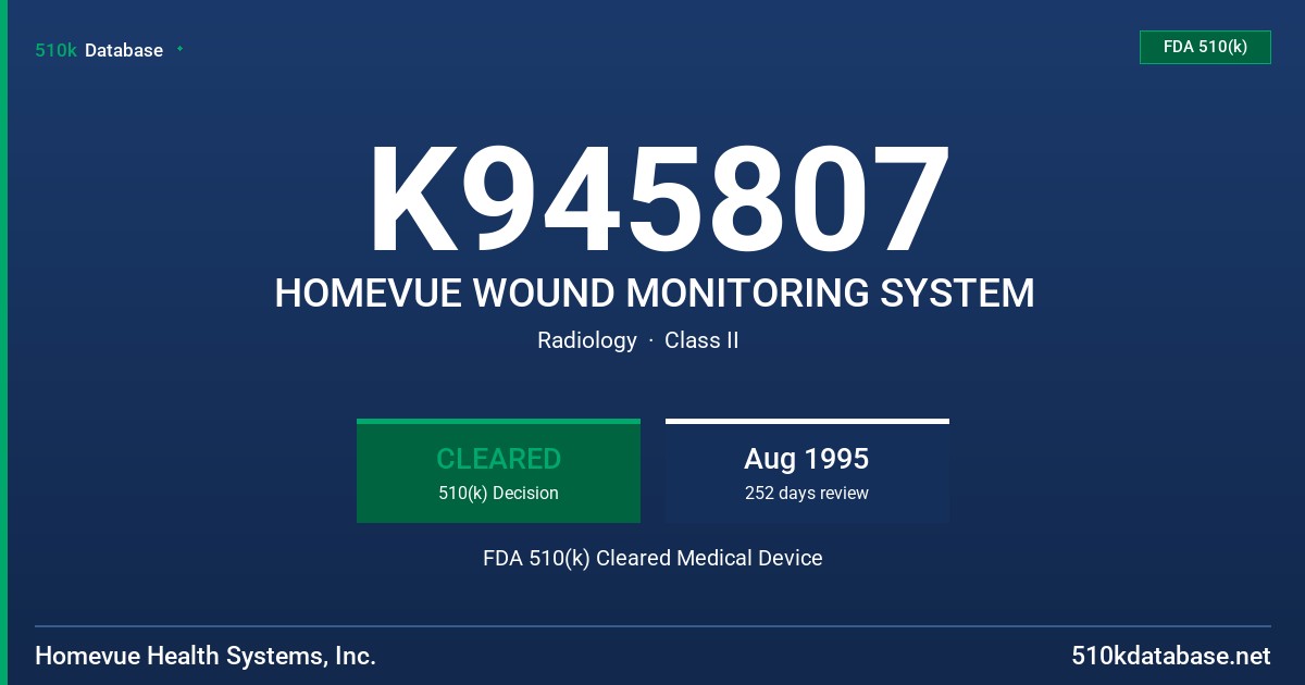 K945807 HOMEVUE WOUND MONITORING SYSTEM FDA 510(k) Cleared Medical Device