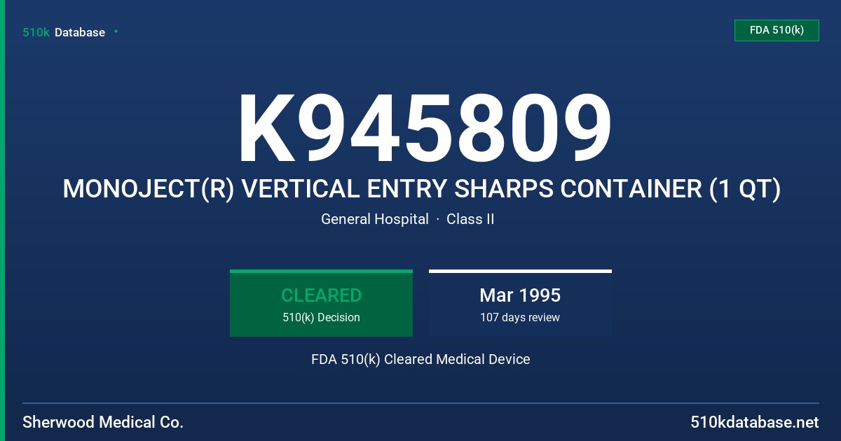 K945809 MONOJECT(R) VERTICAL ENTRY SHARPS CONTAINER (1 QT) FDA 510(k) Cleared Medical Device