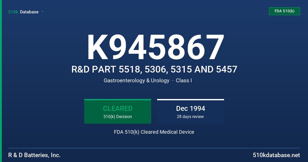 K945867 R&D PART 5518, 5306, 5315 AND 5457 FDA 510(k) Cleared Medical Device