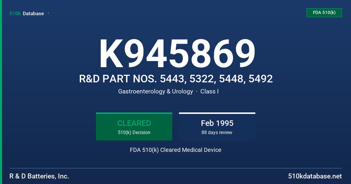 K945869 R&D PART NOS. 5443, 5322, 5448, 5492 FDA 510(k) Cleared Medical Device