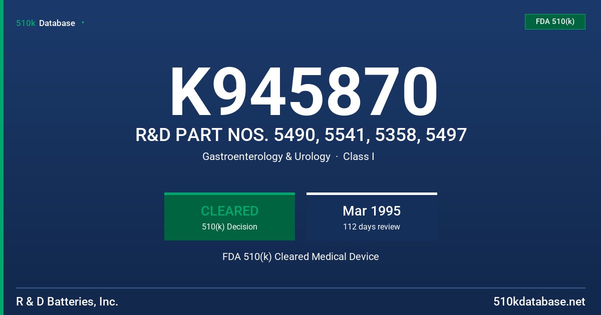K945870 R&D PART NOS. 5490, 5541, 5358, 5497 FDA 510(k) Cleared Medical Device