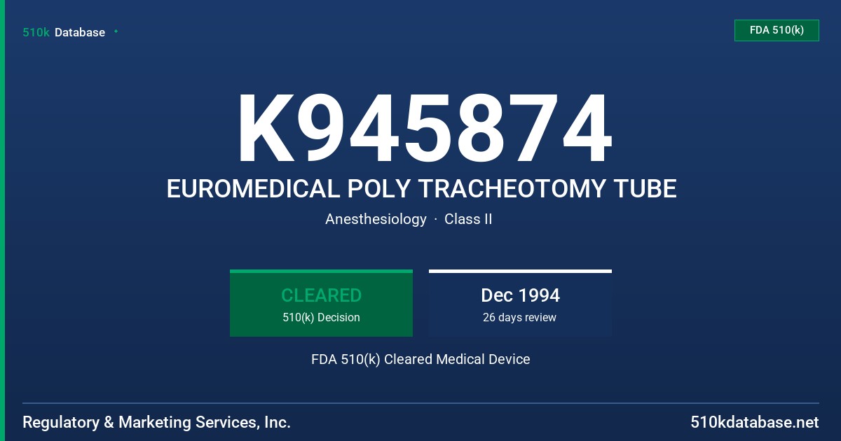 K945874 EUROMEDICAL POLY TRACHEOTOMY TUBE FDA 510(k) Cleared Medical Device