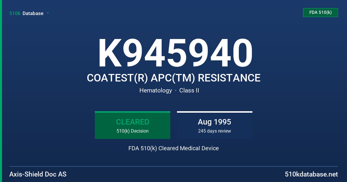 K945940 COATEST(R) APC(TM) RESISTANCE FDA 510(k) Cleared Medical Device