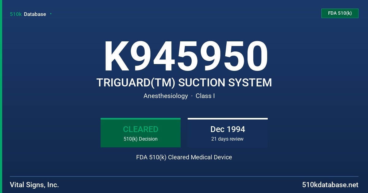 K945950 TRIGUARD(TM) SUCTION SYSTEM FDA 510(k) Cleared Medical Device