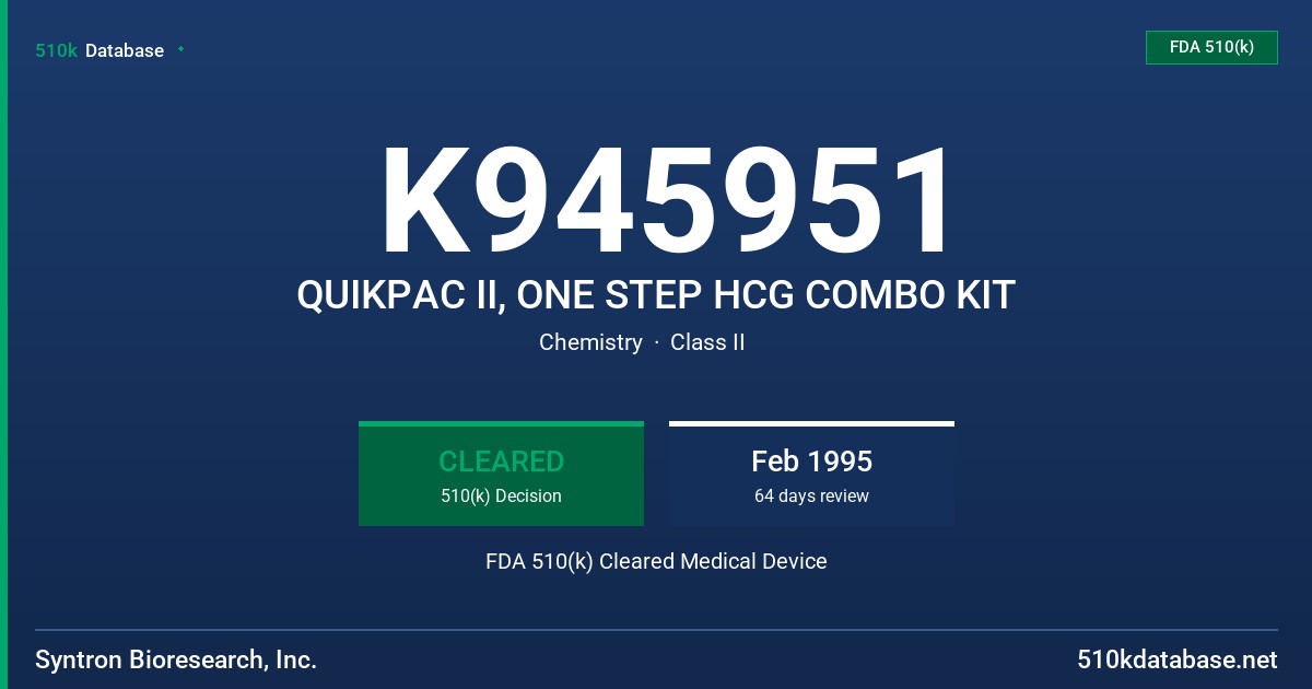 K945951 QUIKPAC II, ONE STEP HCG COMBO KIT FDA 510(k) Cleared Medical Device