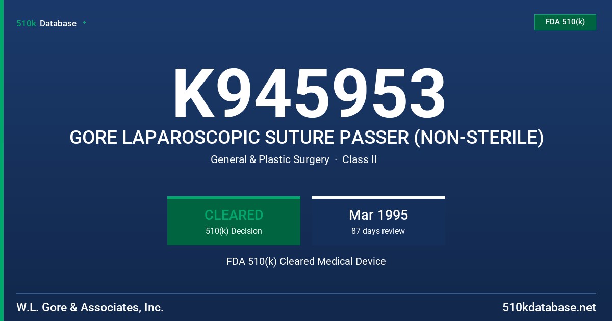 K945953 GORE LAPAROSCOPIC SUTURE PASSER (NON-STERILE) FDA 510(k) Cleared Medical Device