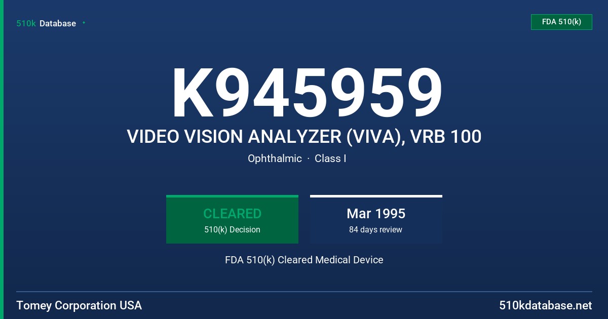 K945959 VIDEO VISION ANALYZER (VIVA), VRB 100 FDA 510(k) Cleared Medical Device