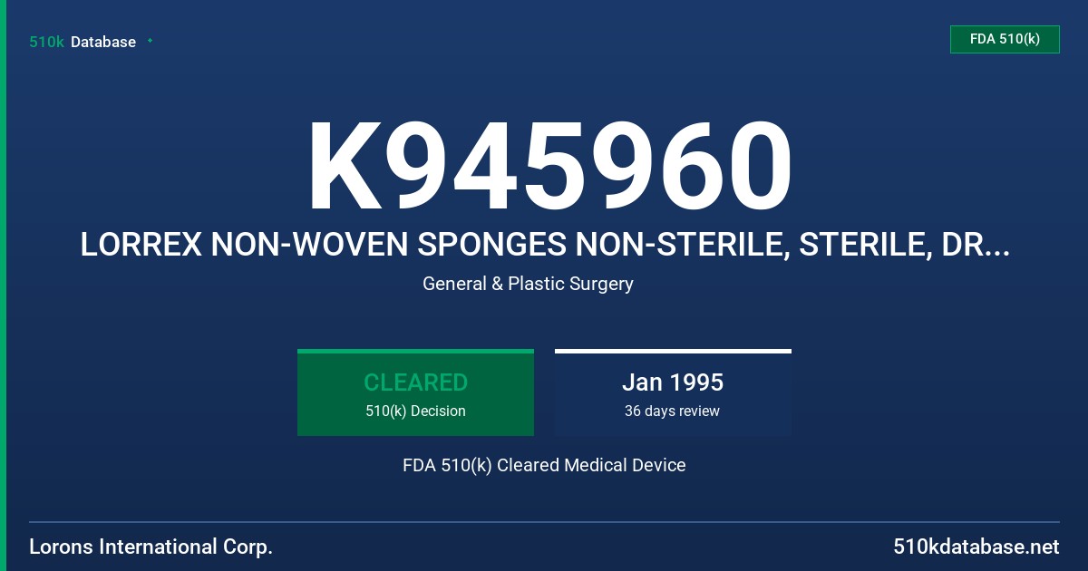 K945960 LORREX NON-WOVEN SPONGES NON-STERILE, STERILE, DRESSINGS FDA 510(k) Cleared Medical Device
