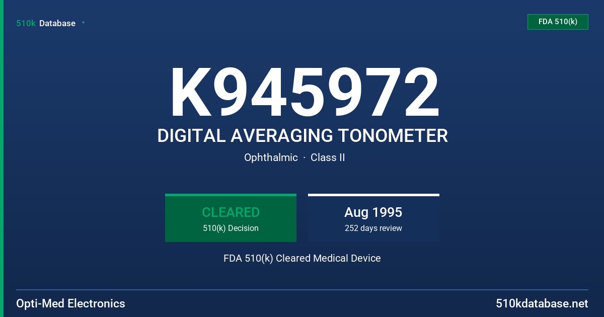 K945972 DIGITAL AVERAGING TONOMETER FDA 510(k) Cleared Medical Device