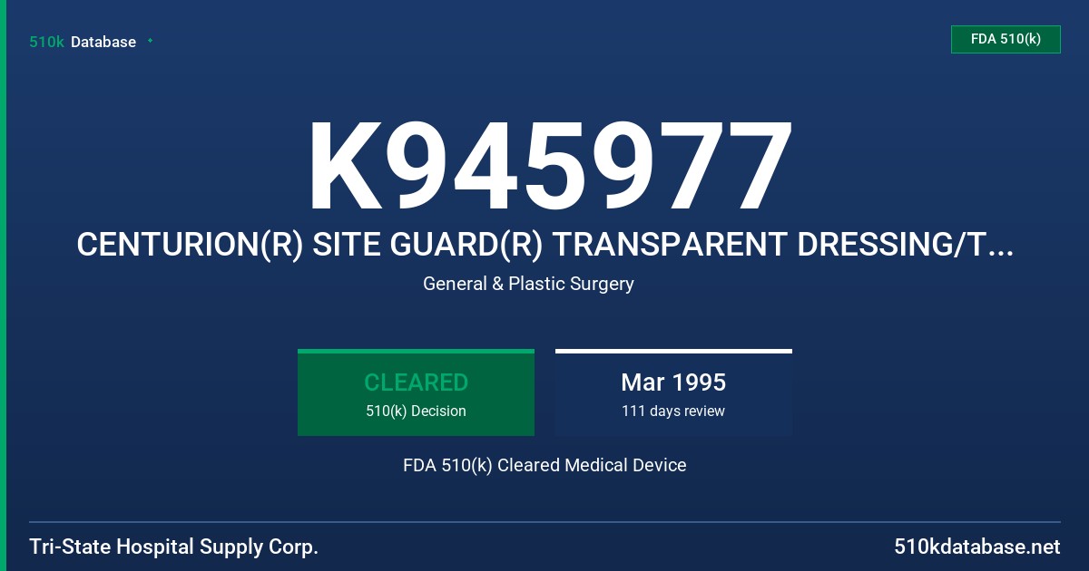 K945977 CENTURION(R) SITE GUARD(R) TRANSPARENT DRESSING/TRANSPAENT FILM DRESSING FDA 510(k) Cleared Medical Device