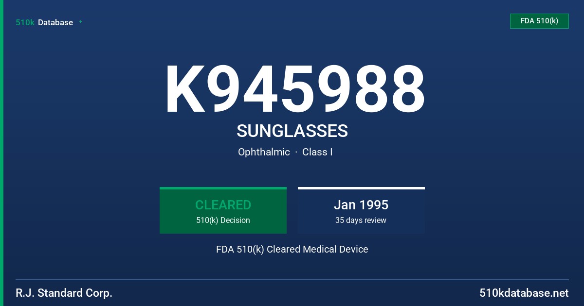 K945988 SUNGLASSES FDA 510(k) Cleared Medical Device